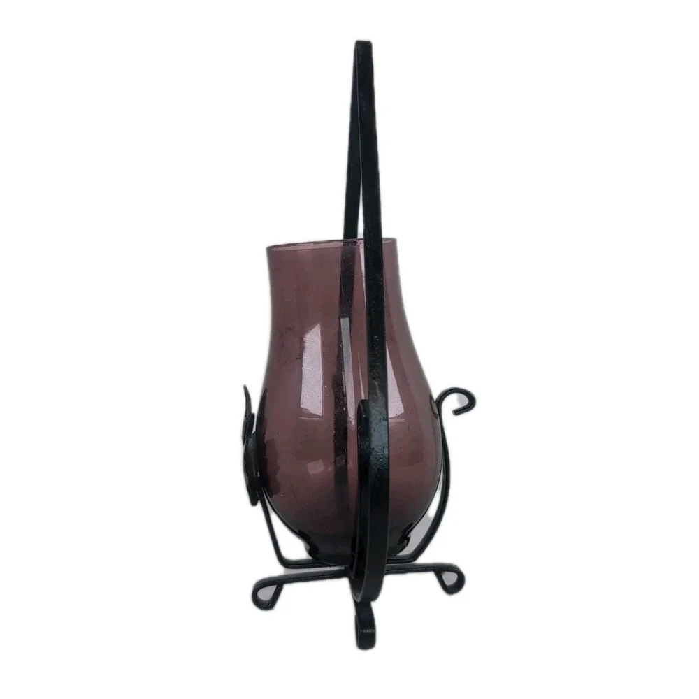 Black Metal Hanging Candle Holder W/Purple Glass Hurricane Footed Vintage Boho